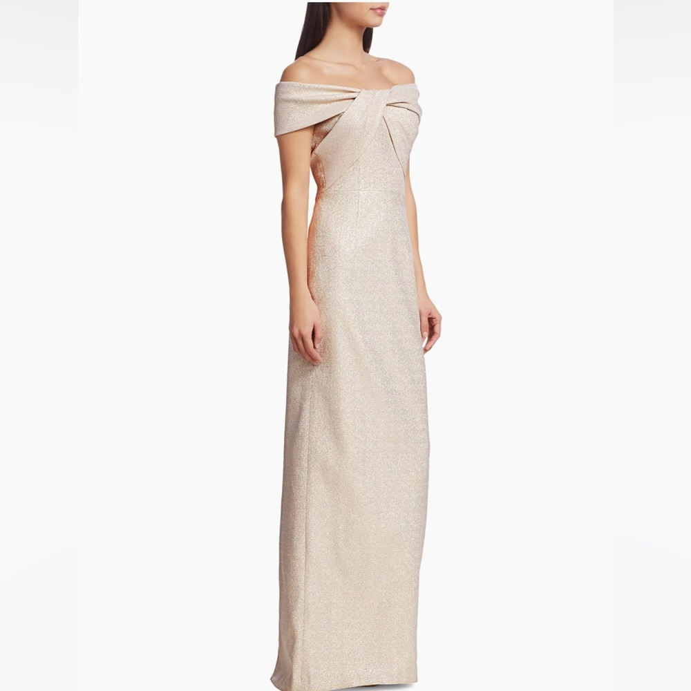 Teri Jon by Rickie Freeman off-the-shoulder metallic gown